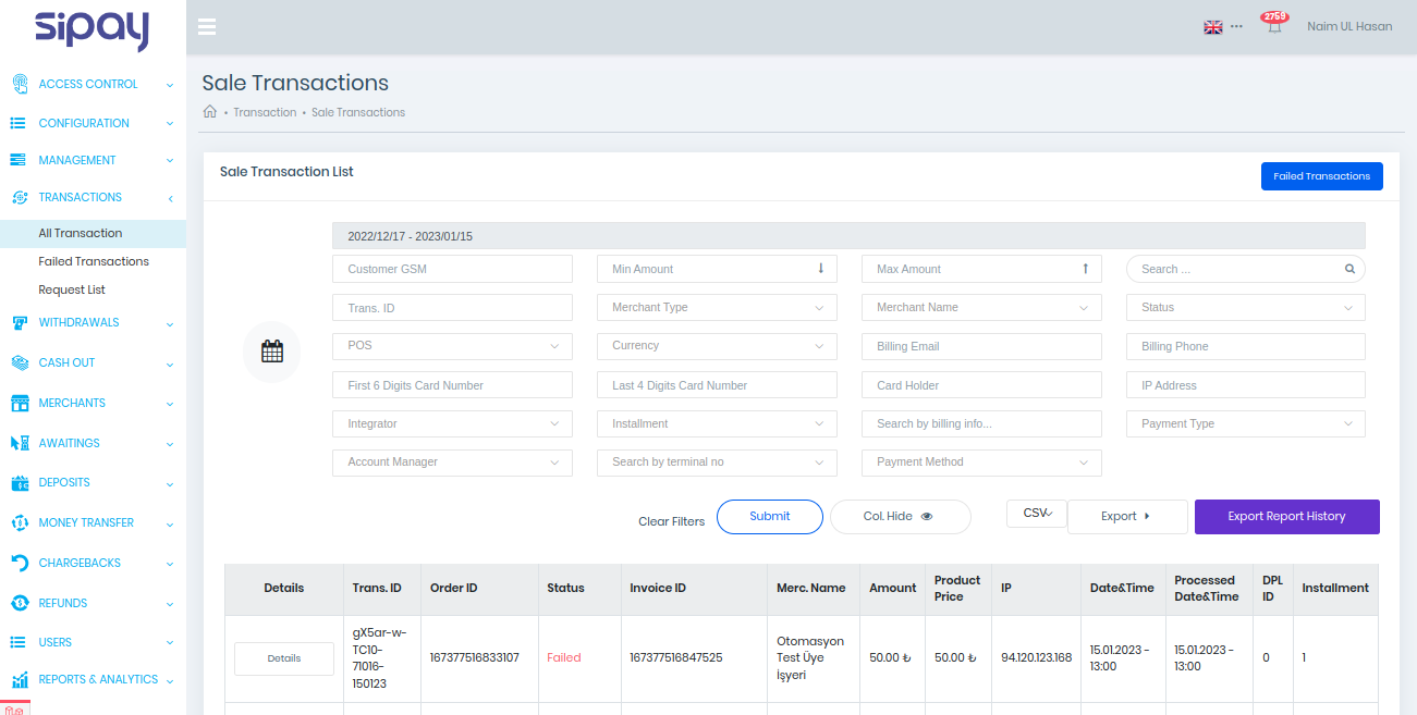 Sipay Admin Panel